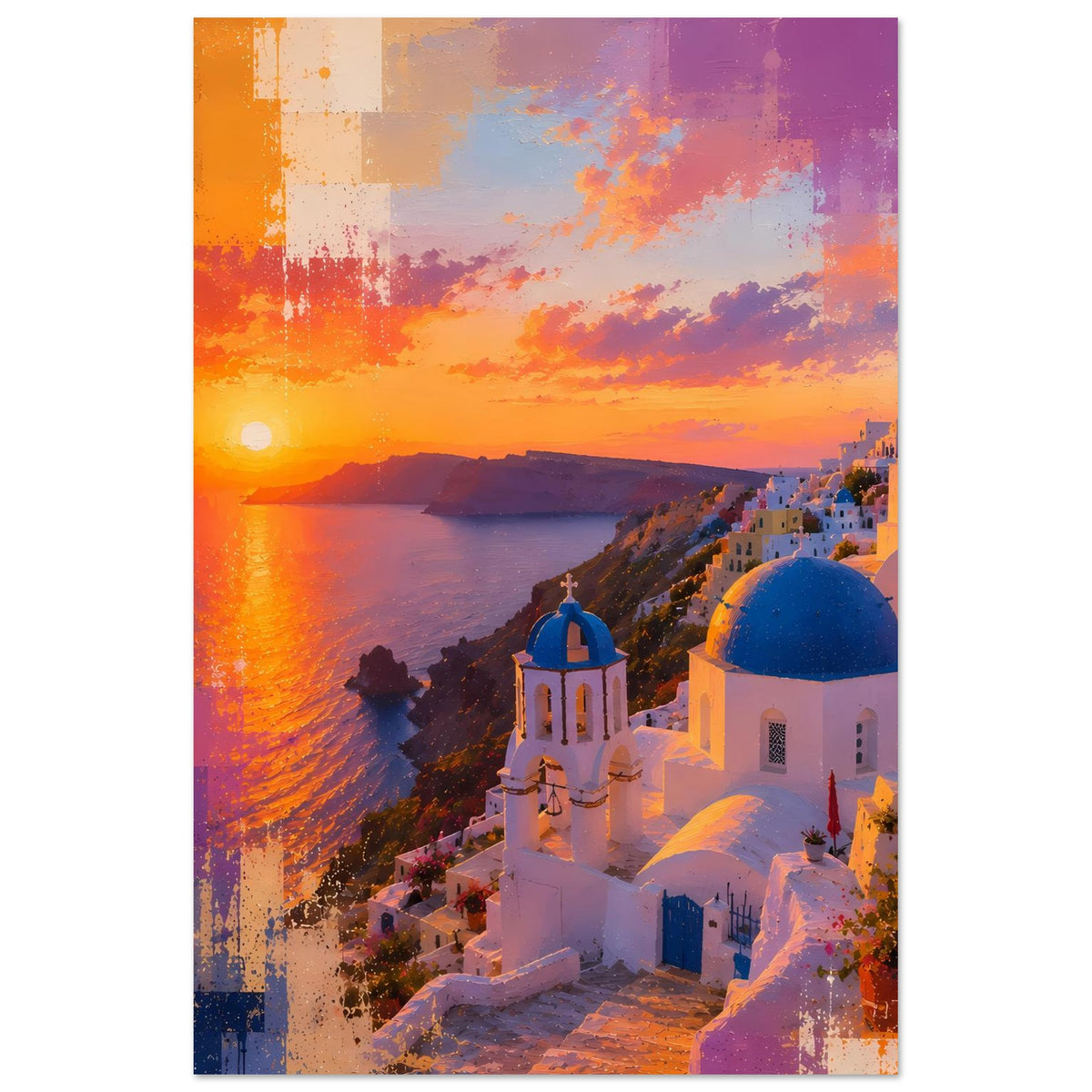 Kunstposter, hochkant: Sonnenuntergang über Meer und weiße Häuser mit blauen Kuppeln