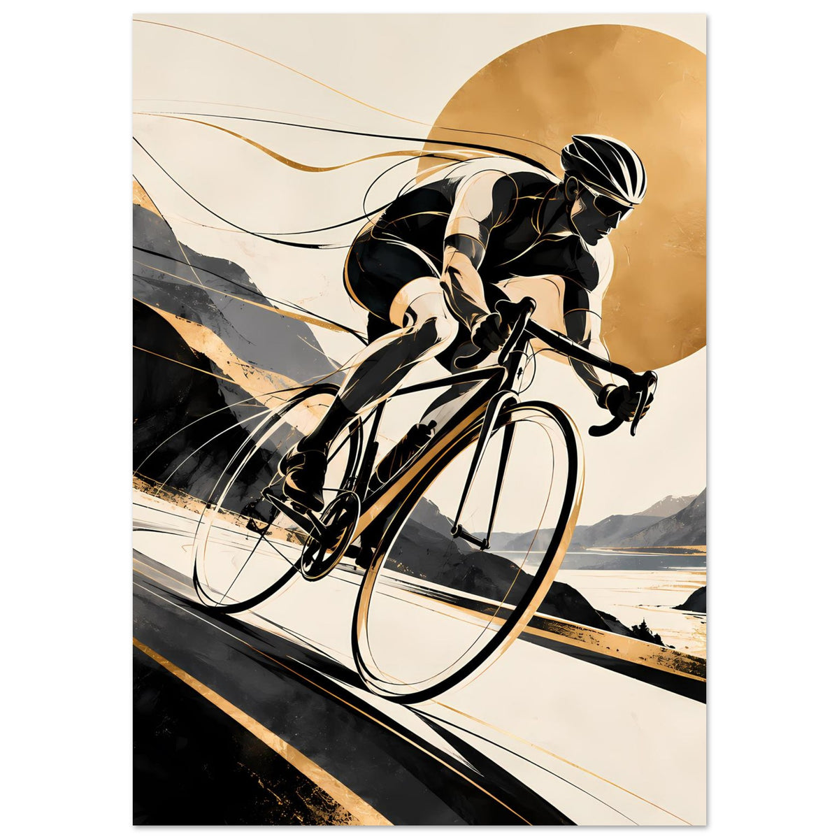 Sportposter mit Rennradfahrer-Illustration, schwarz-goldene Akzente und großes Rad im Fokus
