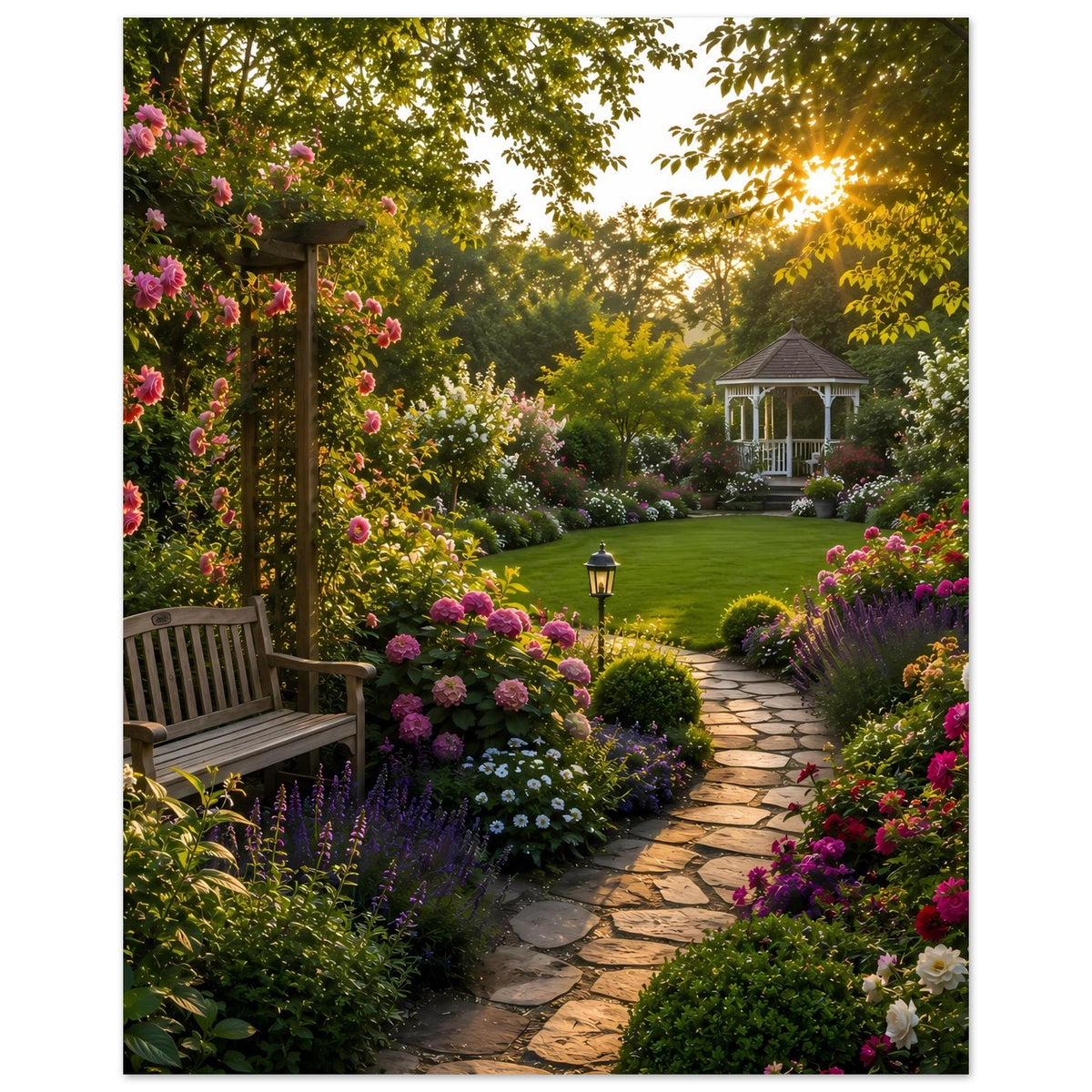 Gartenposter mit Rosenweg und Steinschneise, Laterne, Holzbank und Pavillon bei Abendlicht