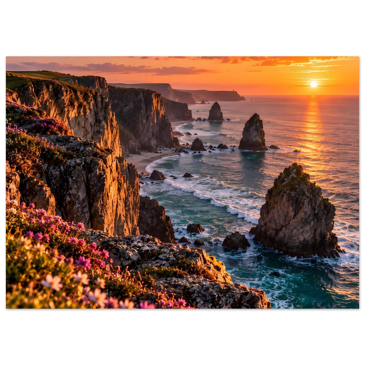 Posterdruck Panorama: Küstenklippen, Meerblick und Sonnenuntergang, Blumen am unteren Rand