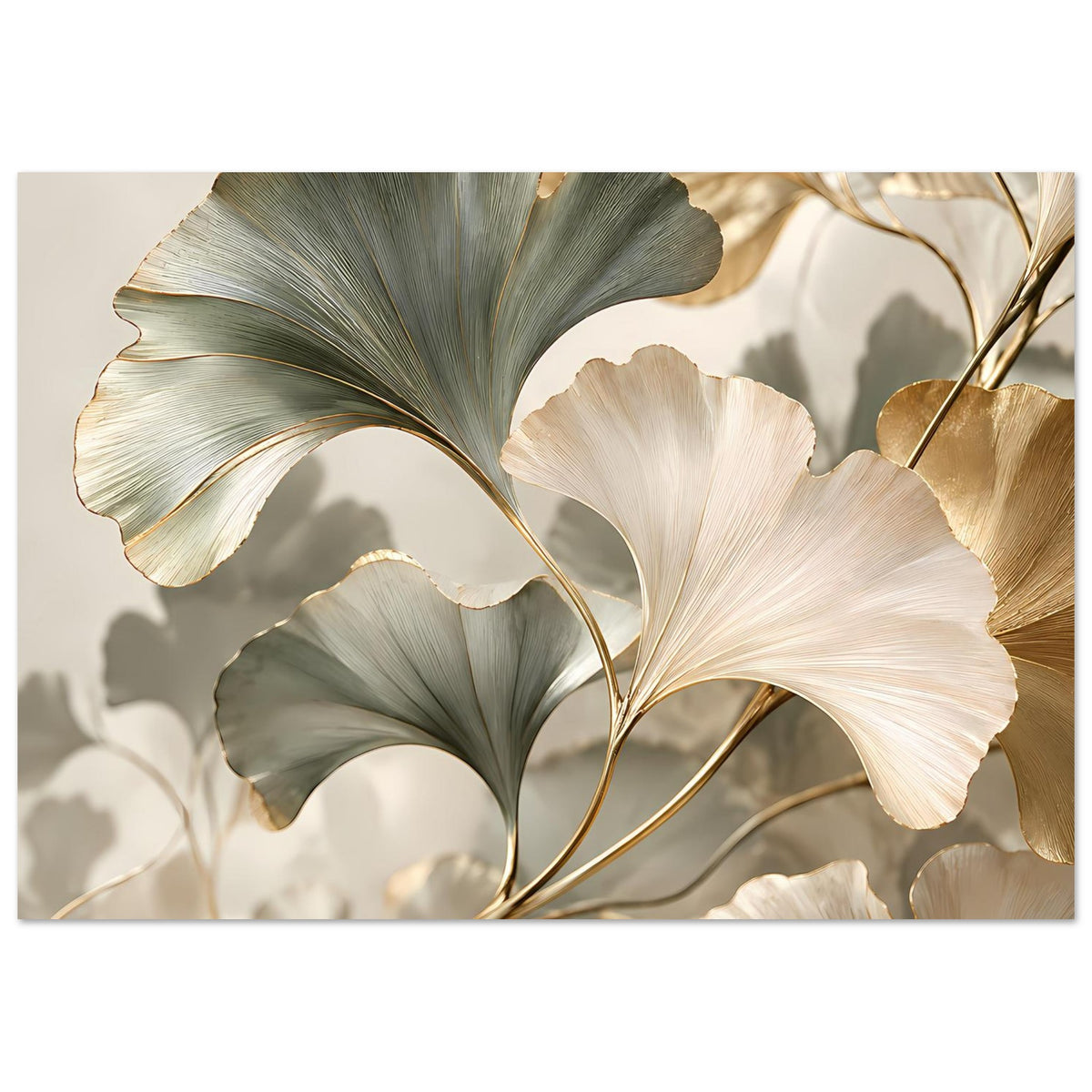 Poster mit Ginkgo-Blättern in Grün und Creme mit goldenen Konturen und Blattrippen