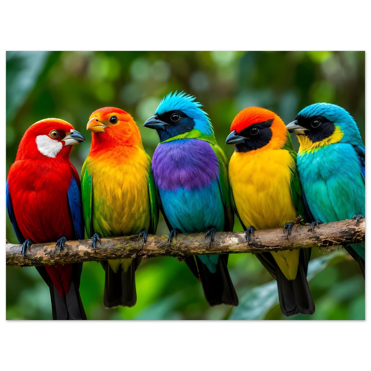 Poster mit farbenfroher Vogelreihe auf Ast, sechs tropische Vögel im Vordergrund