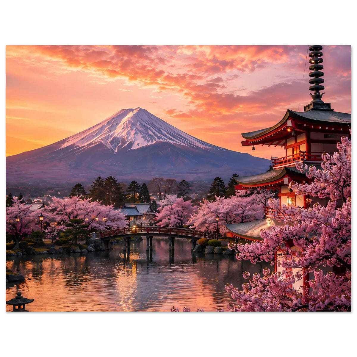 Poster mit Fuji-Berg, Kirschblüten und japanischem Tempel bei orangefarbenem Himmel