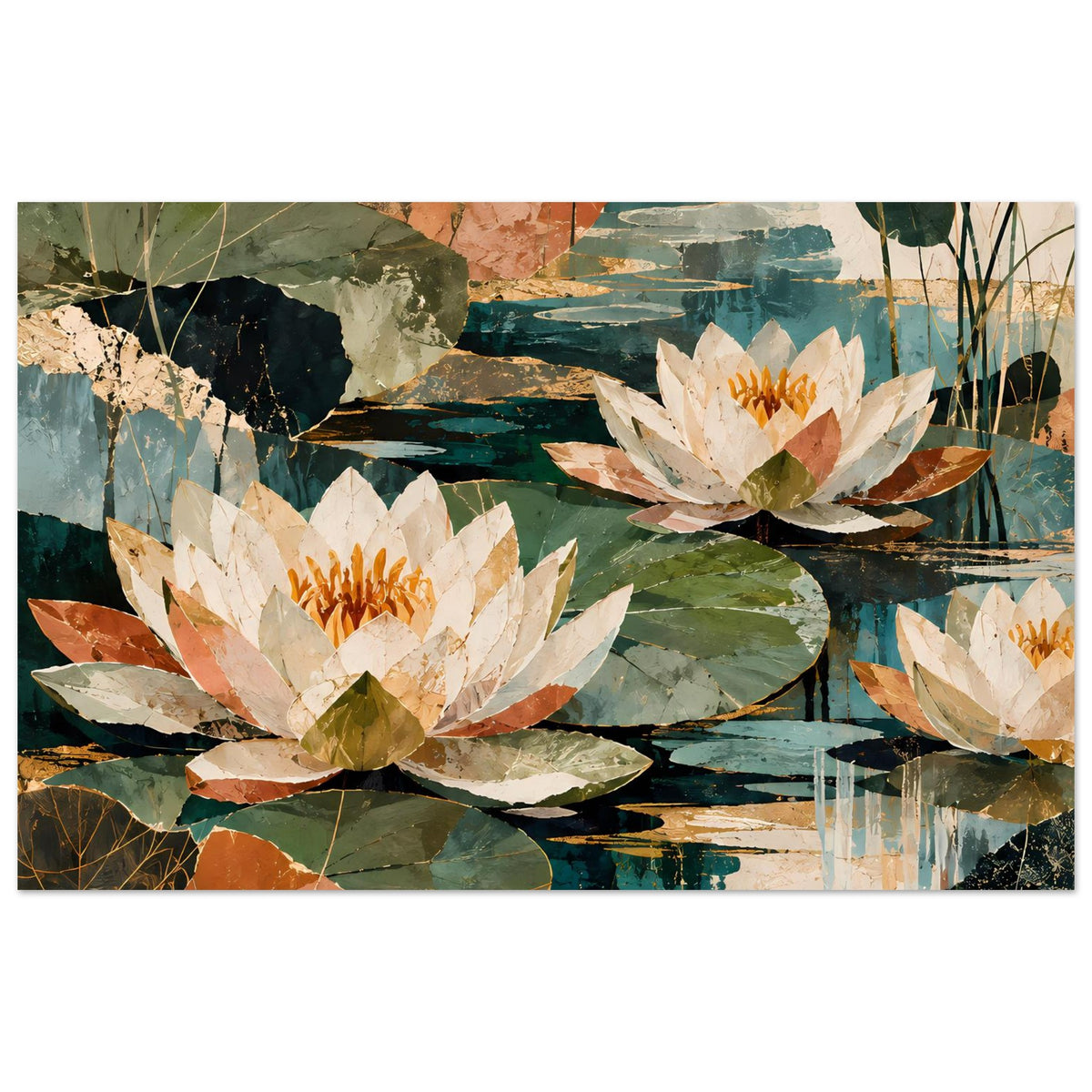 Botanisches Poster mit weißen Seerosenblüten und grünen Blättern auf abstrakten Wasserflächen
