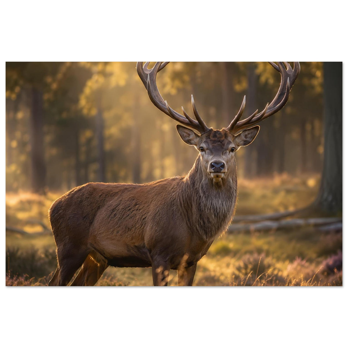 Poster mit Hirschbock im Wald, seitlich stehend, braunes Fell und Geweih