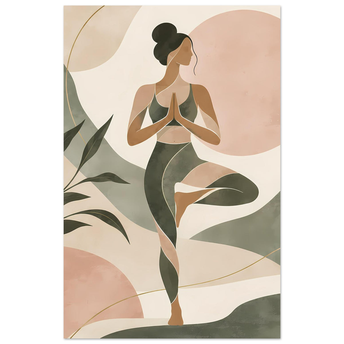 Zen-Poster mit abstrakter Yoga-Figur in Salbeigrün und Rosé