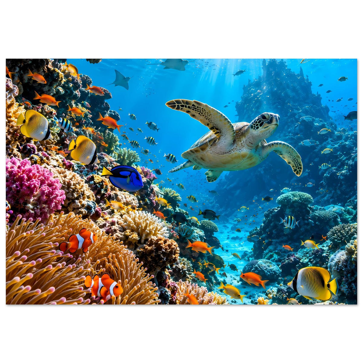 Poster mit Korallenriff-Szene: Meeresschildkröte, orange-gelbe Fische und farbige Korallen