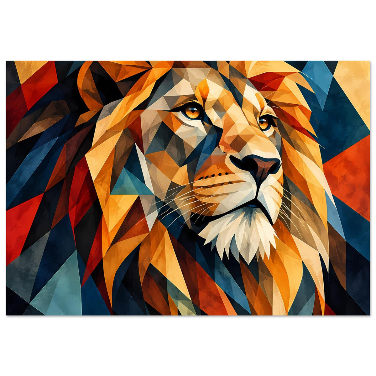 Wandposter mit geometrischem Löwenmotiv in Orange, Rot und Blau, Blick nach links