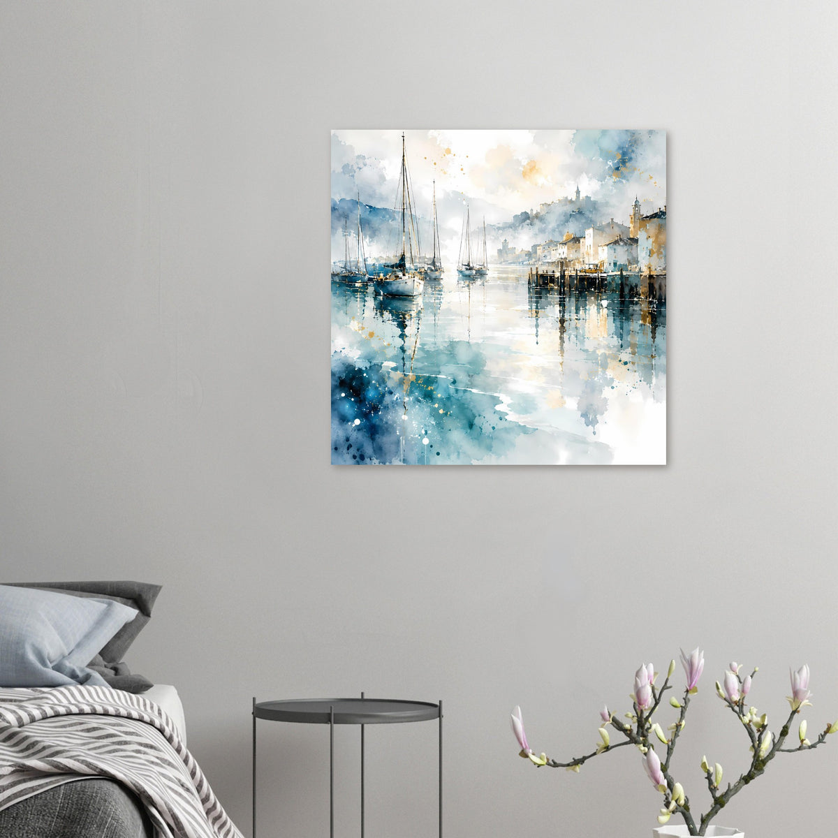 Kleines Aquarell-Poster mit Segelbooten im Hafen, blaues Wasser und Gebäude