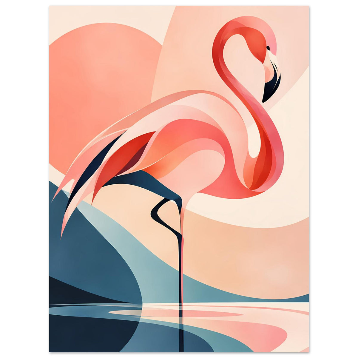 Kunstdruck mit Flamingo-Motiv, roter Flamingo-Kontur und türkisblauen Formen vor warmem Hintergrund