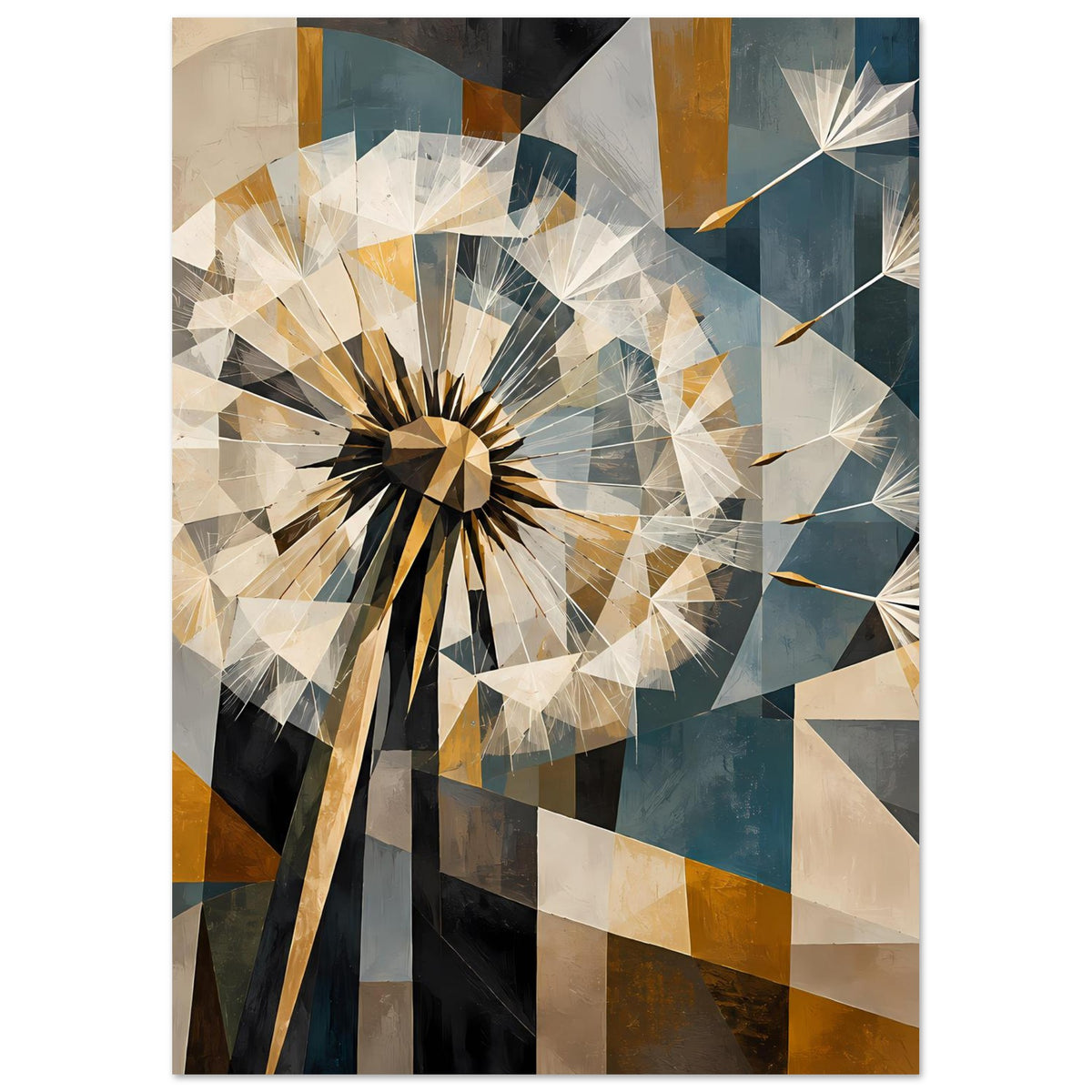 Geometrisches Löwenzahn-Poster, vertikal: polygonaler Löwenzahn in Beige, Schwarz und Blau