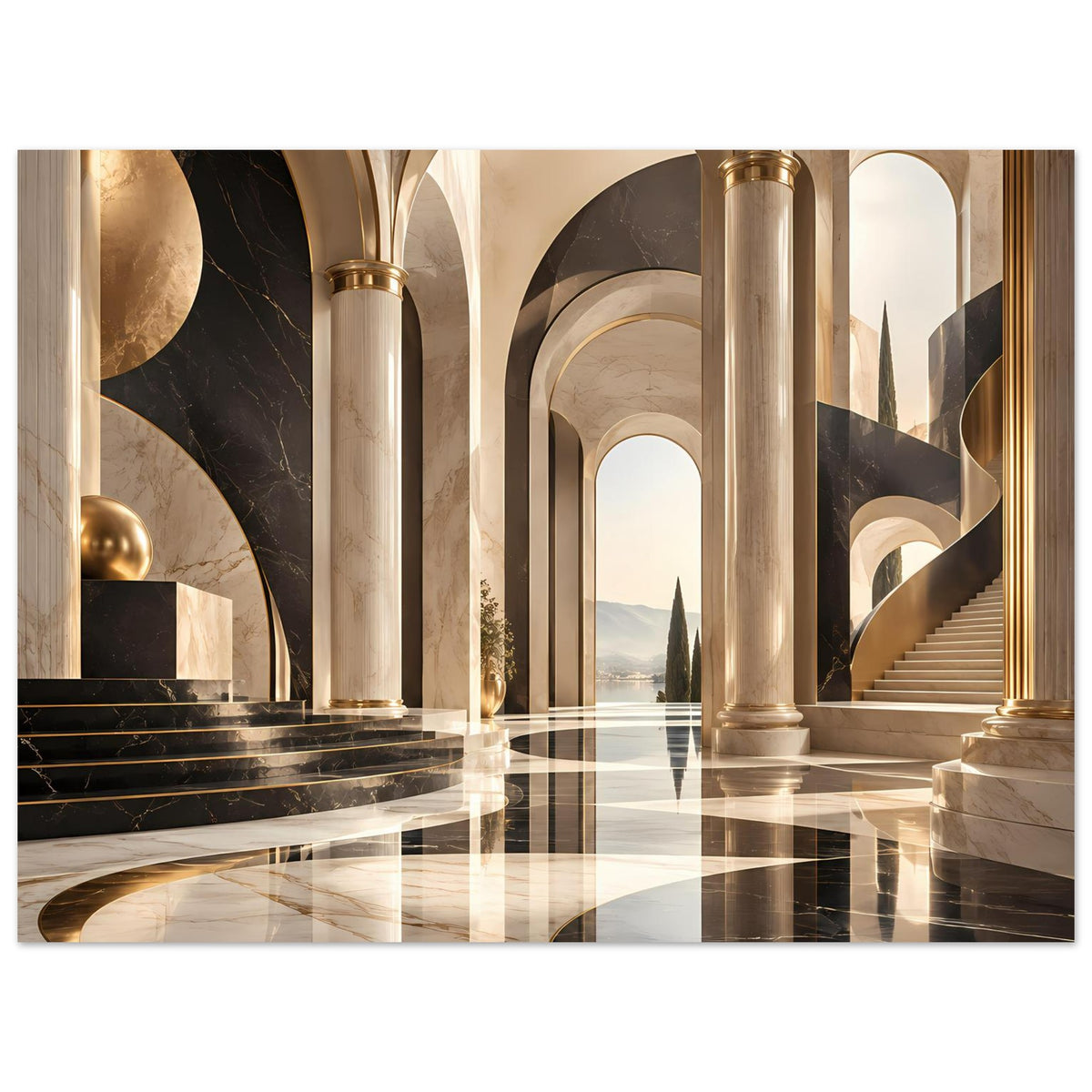 Architektur-Poster mit Marmoreffekt, Säulen und Bögen in Schwarz, Gold und Beige