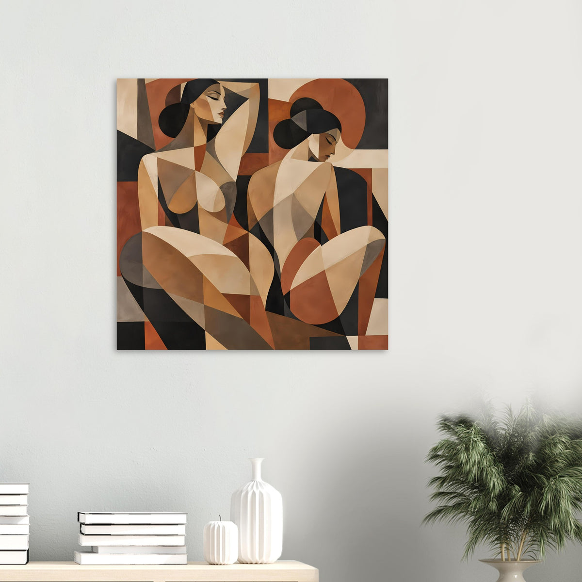 Abstraktes Poster mit zwei Frauenfiguren im kubistischen Stil, beige, braun und schwarz