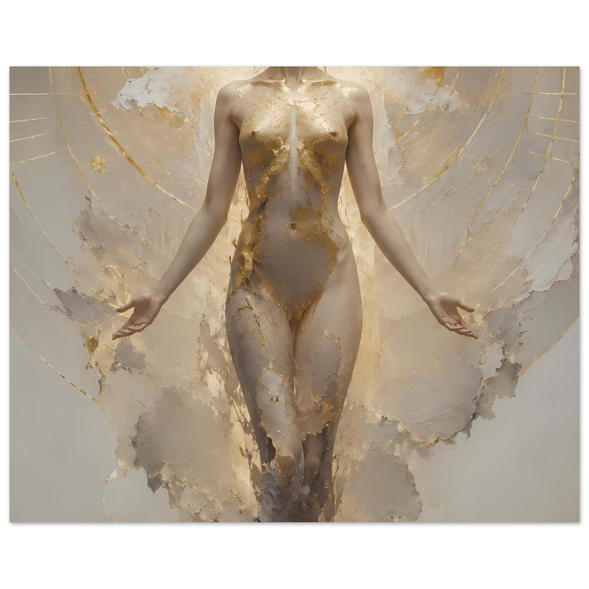 Poster mit schwebender Frauenfigur, creme und Gold, rundlicher Ornamentbogen im Hintergrund