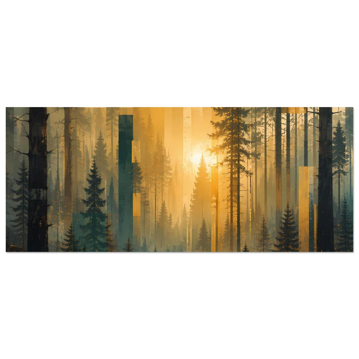 Wandposter im Querformat: Wald im Morgenlicht mit schlanken Baumreihen und warmen Farbtönen