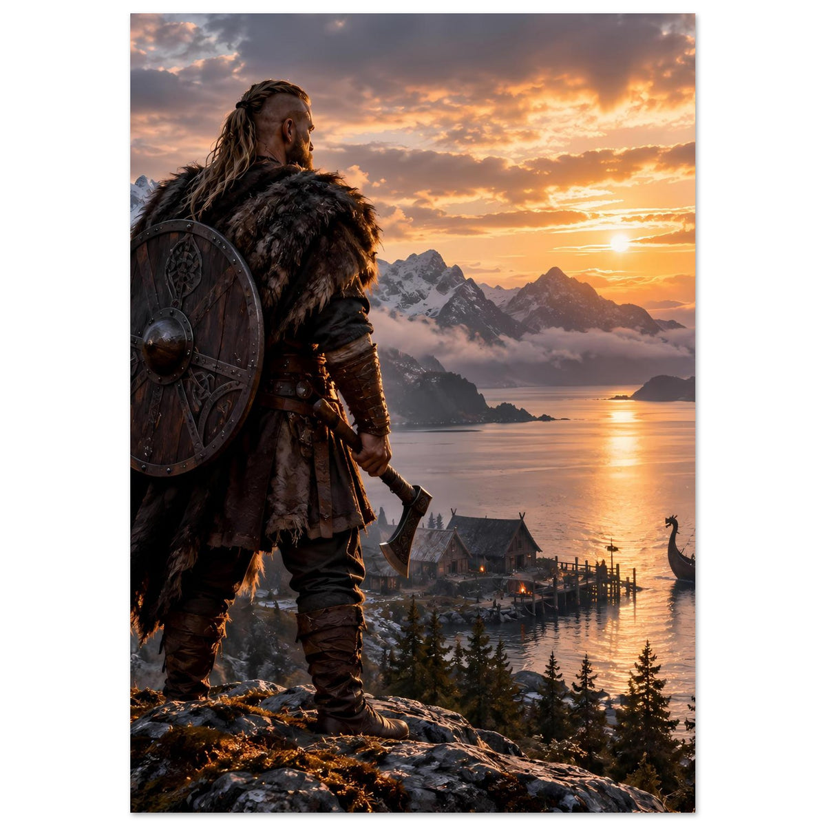 Wikinger-Poster: stehender Krieger mit Rundschild, Fjord und Langschiff bei Dämmerung
