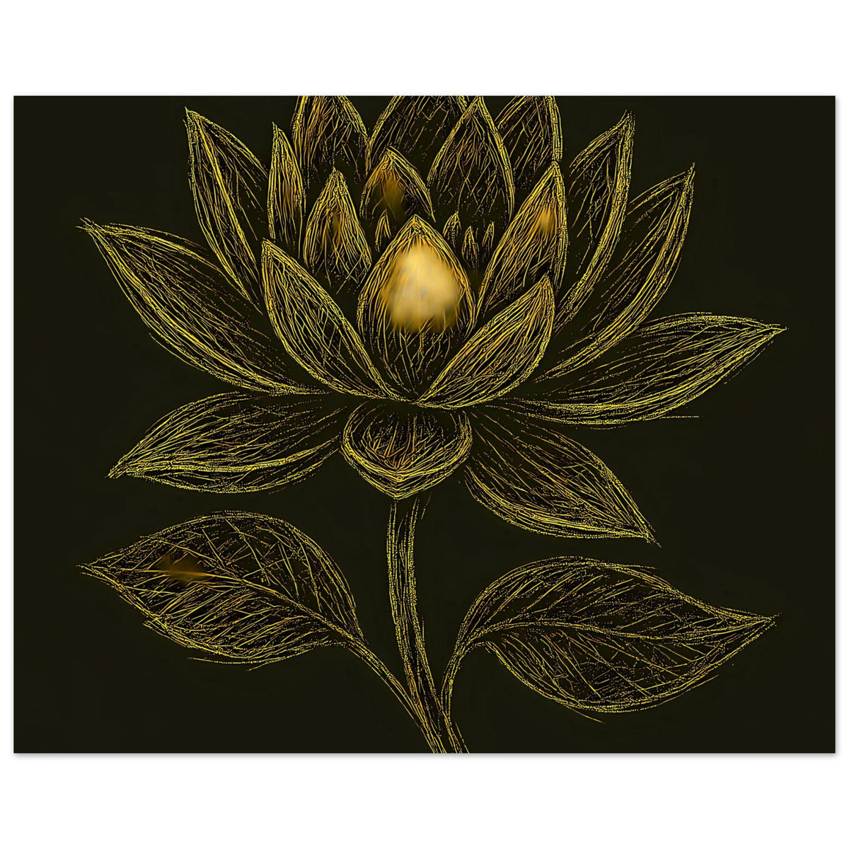 Querformat-Poster mit goldener Lotusblüte und Blättern auf dunklem Hintergrund, zart leuchtend