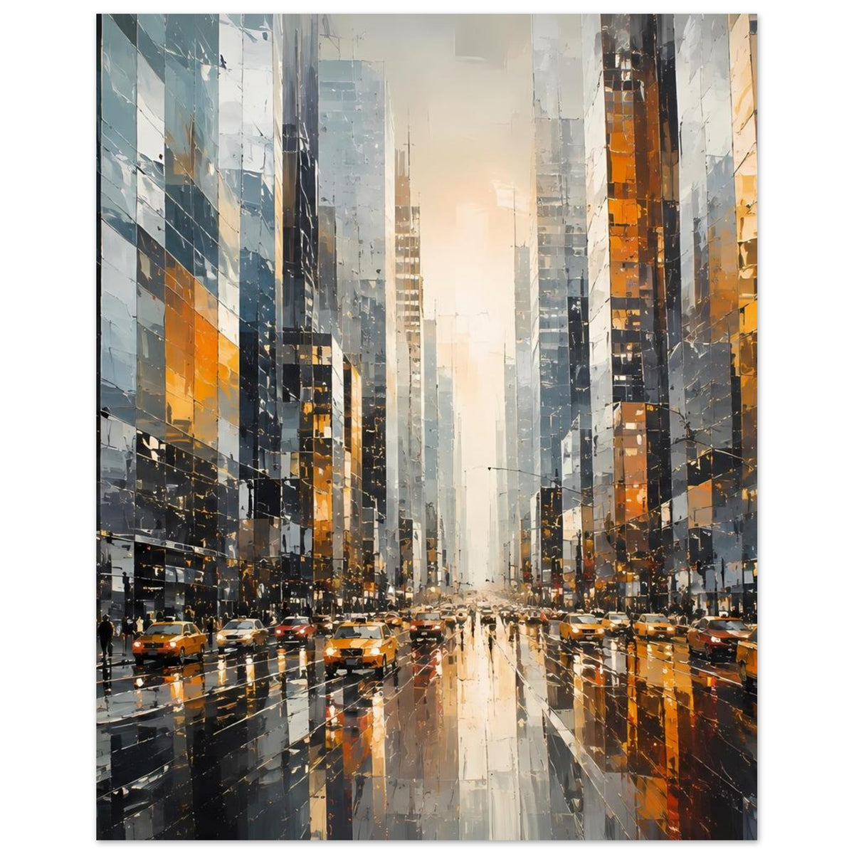 Stadtposter im Hochformat mit gelben Taxis, Wolkenkratzern und Lichtreflexionen