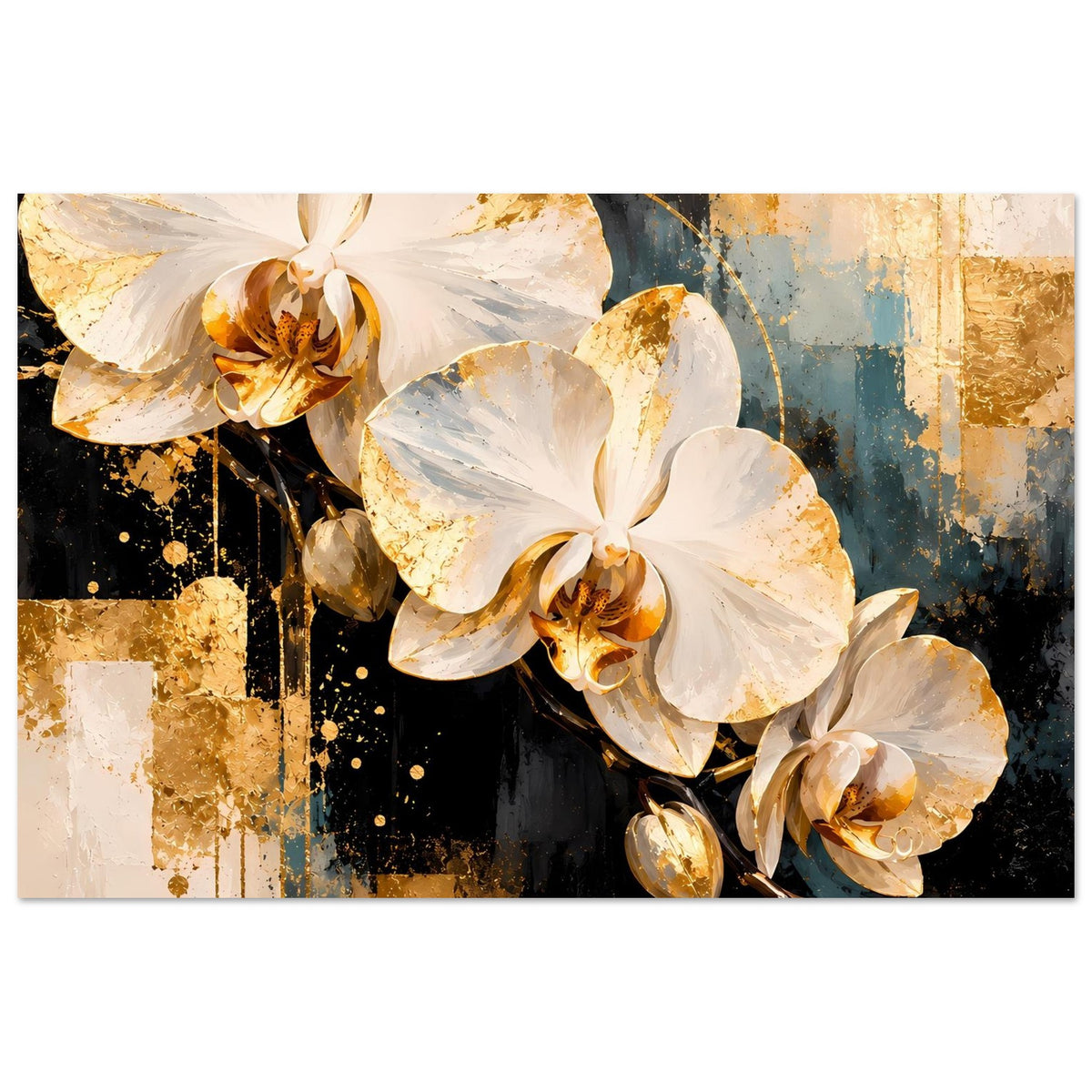 Poster mit weißen Orchideenblüten und goldenen Akzenten in blau-goldener Farbfläche