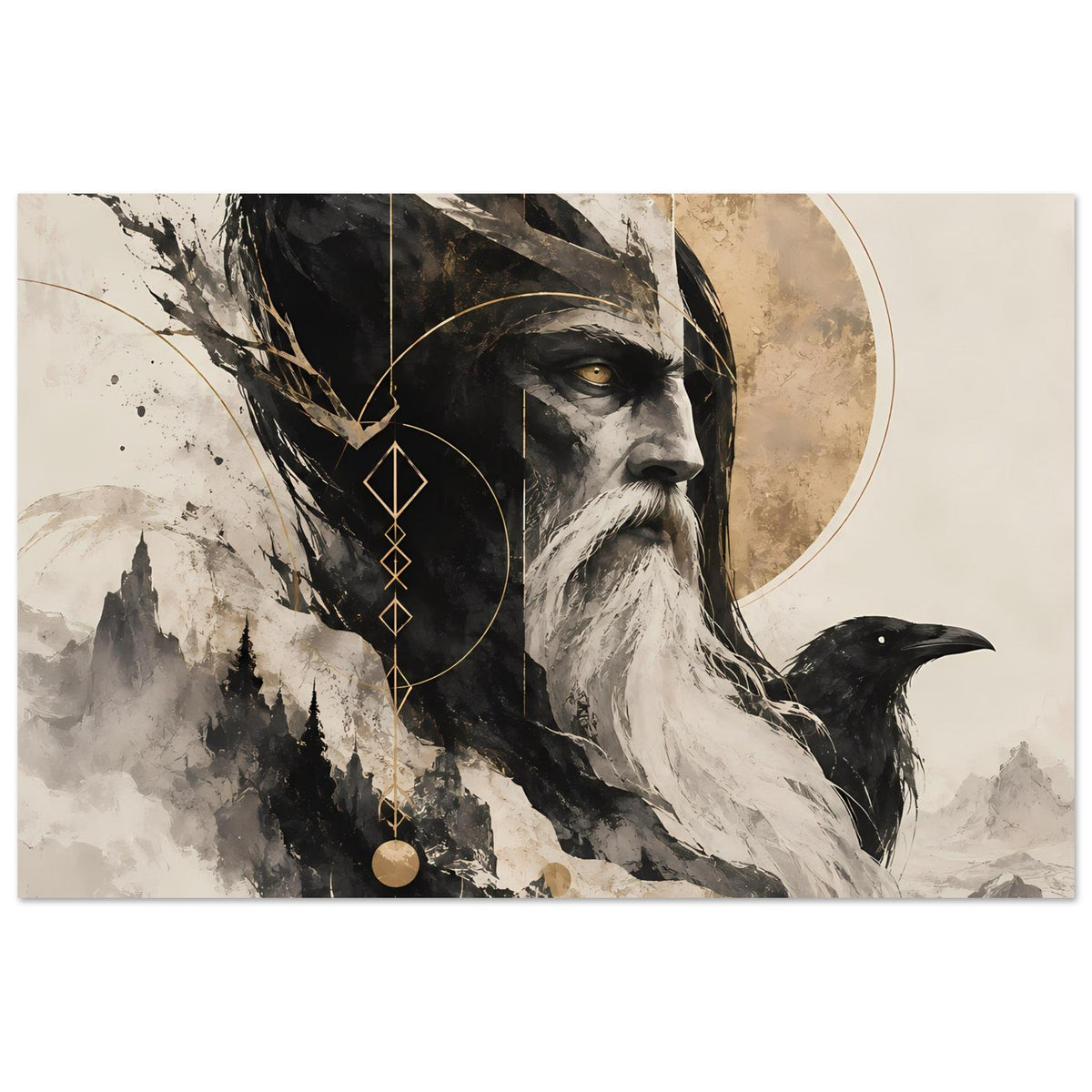 Kunstposter im Querformat: Nordmann im Profil mit Rabe und Runenketten-Details