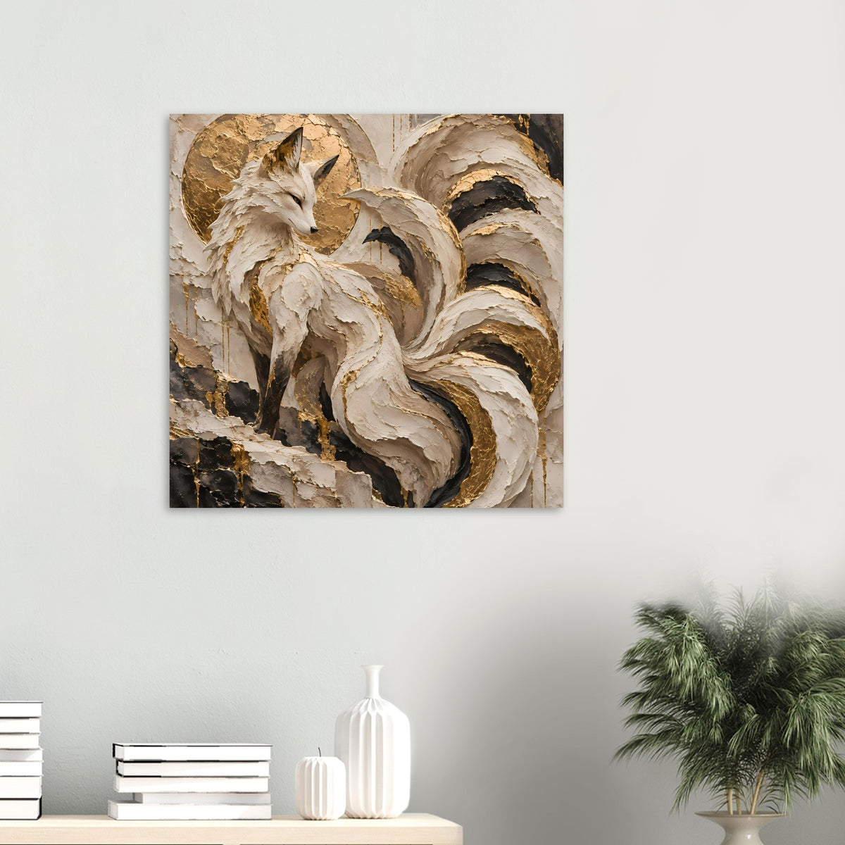 Kleines Kunstposter mit Fuchs-Motiv; Cremeweiß, Gold und dunkle Linien in reliefartigem Design