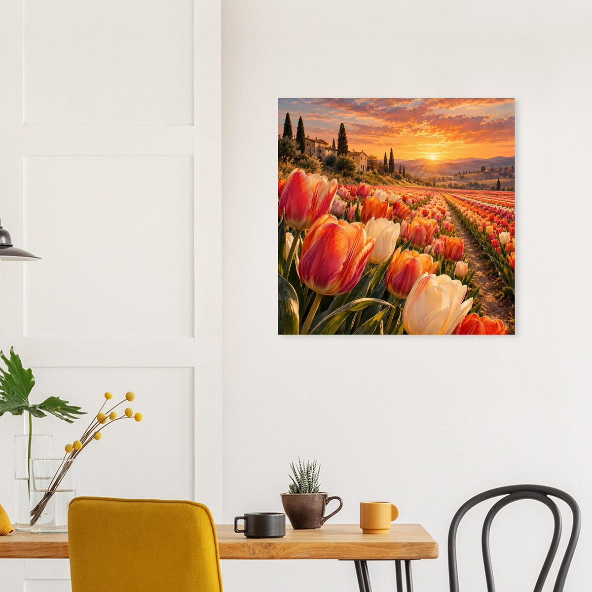 Quadratisches Poster mit Tulpenfeld und Sonne hinter Wolken, orange und weiß