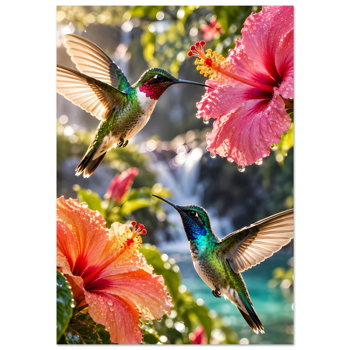 Vertikales Poster: Kolibris mit Flügeln vor rosa Hibiskusblüten und orangem Blütenkopf