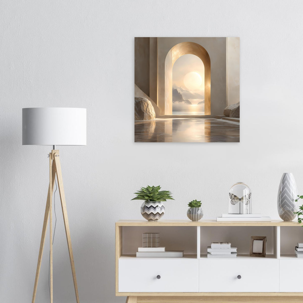 Quadratisches Wandposter mit goldenem Torbogen über ruhigem Wasser bei Sonnenuntergang