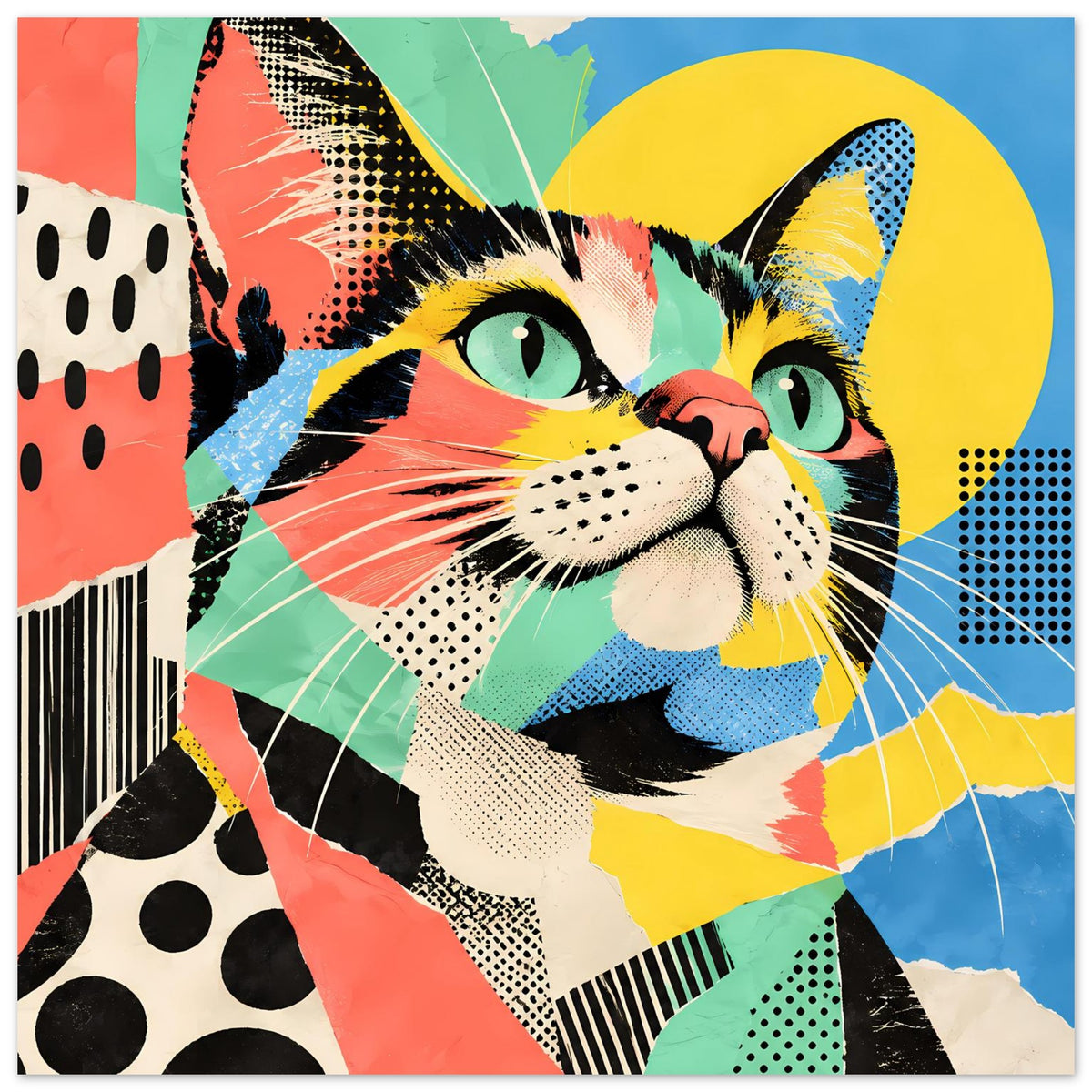 Pop-Art-Katzenposter mit großem Katzenporträt, gepunkteten Elementen und Neonfarben