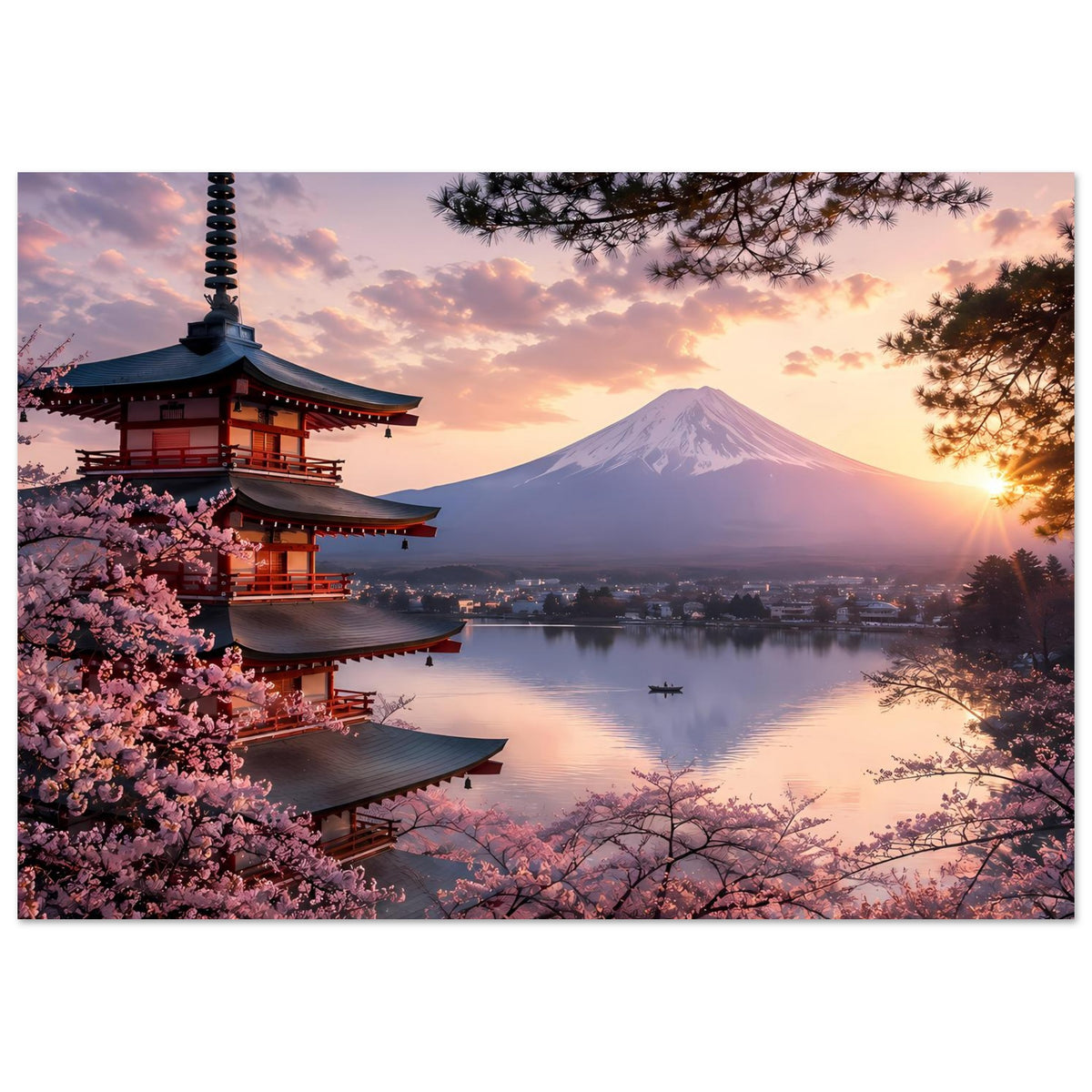 Horizontales Poster: Pagode links, Fuji im Dunst, rosafarbene Kirschblüten am Rand
