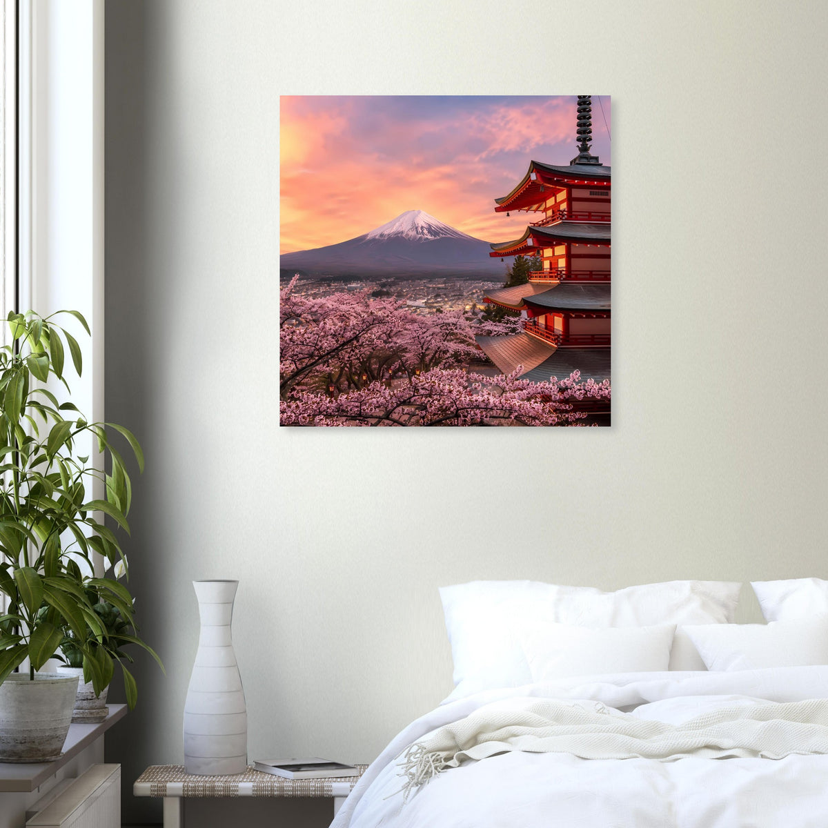 Wandposter mit Kirschblütenweg, Fuji und roter Pagode bei rosafarbenem Himmel