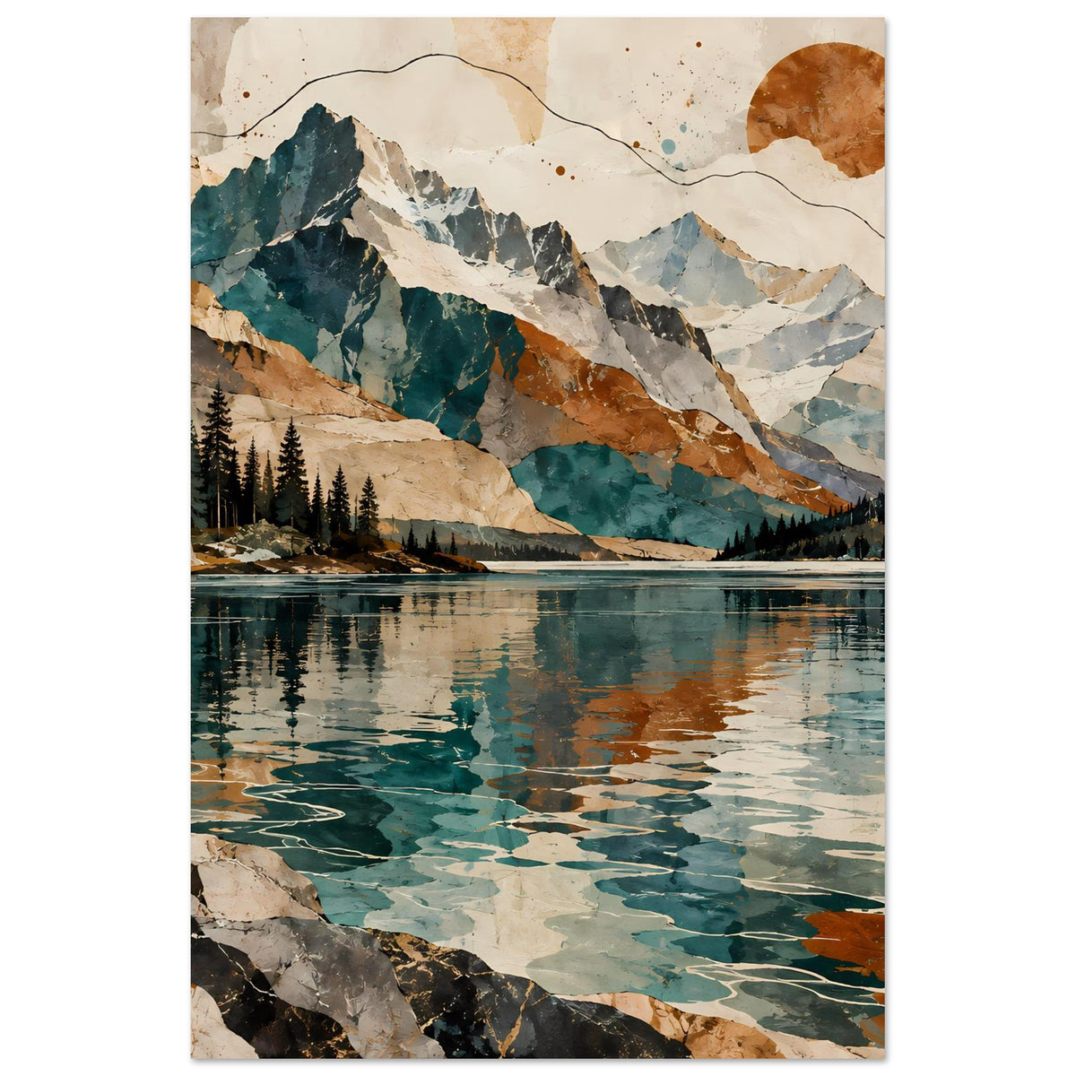Poster mit Gebirgslandschaft und spiegelndem See, türkis- und erdtöne, mit Sonnenmotiv.