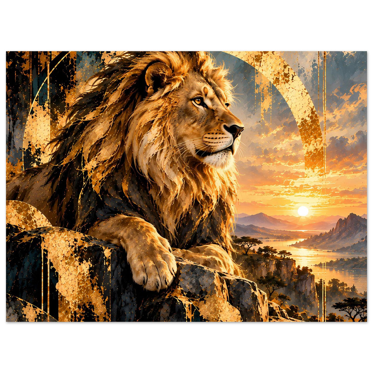 Horizontales Poster mit Löwenkopf und Mähne, Sonnenuntergang im Hintergrund