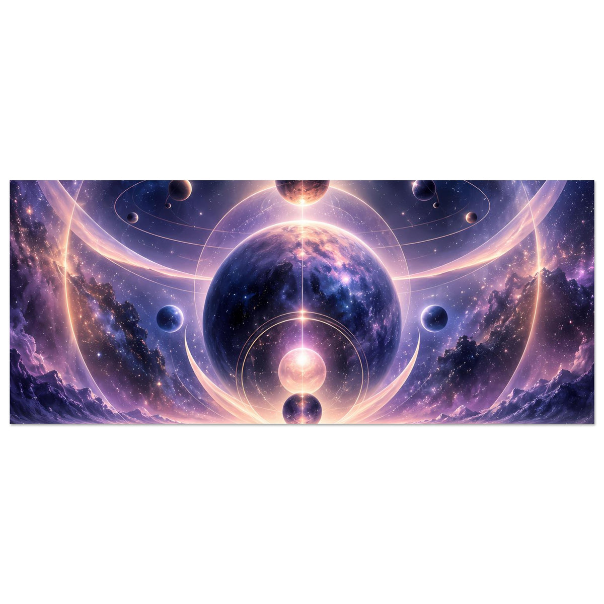 Poster im Querformat, Panorama-Ansicht: dunkler Weltraum, leuchtende Kreise und Planet im Zentrum