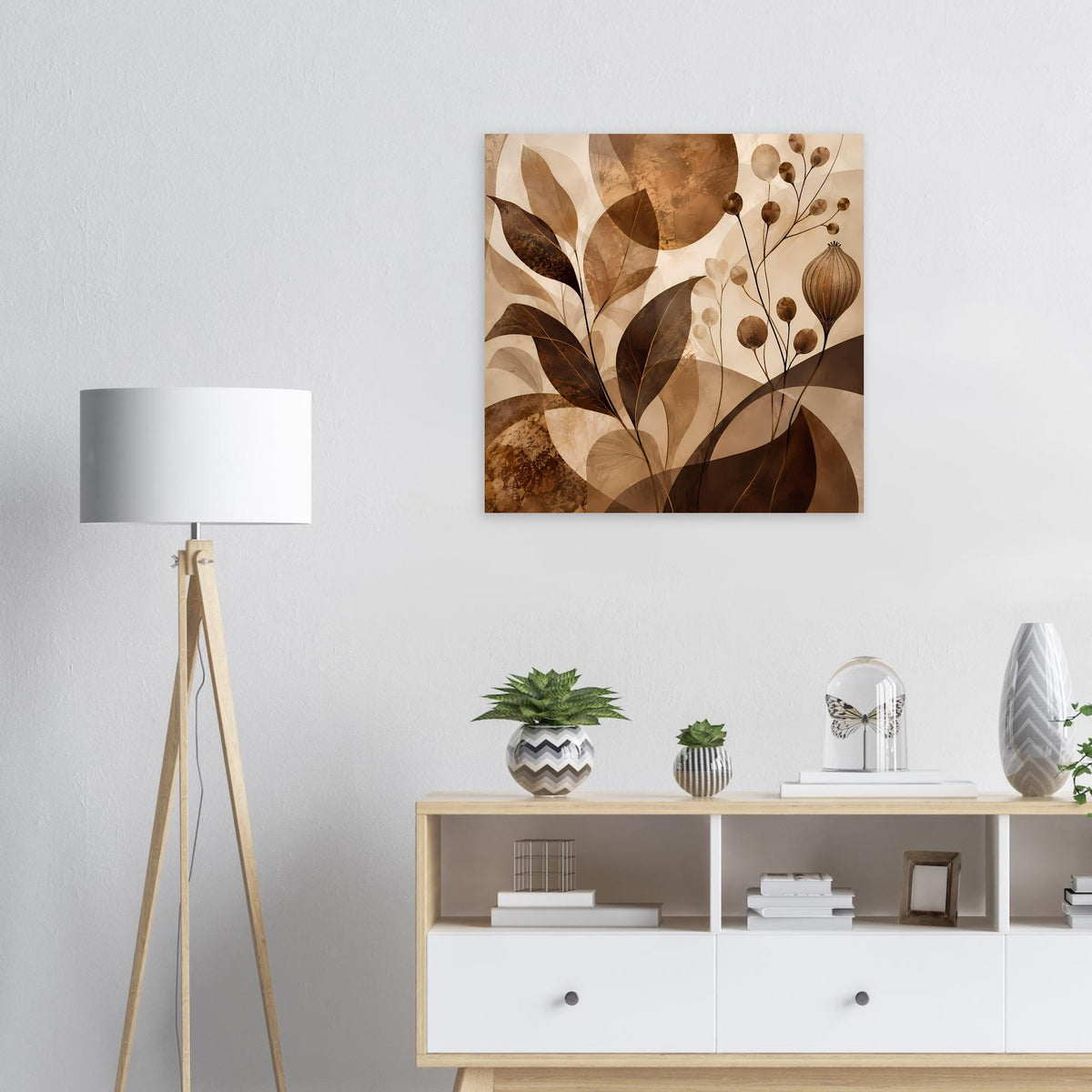 Blumenposter mit abstrakten Blättern und Blüten in warmen Braun- und Beigetönen