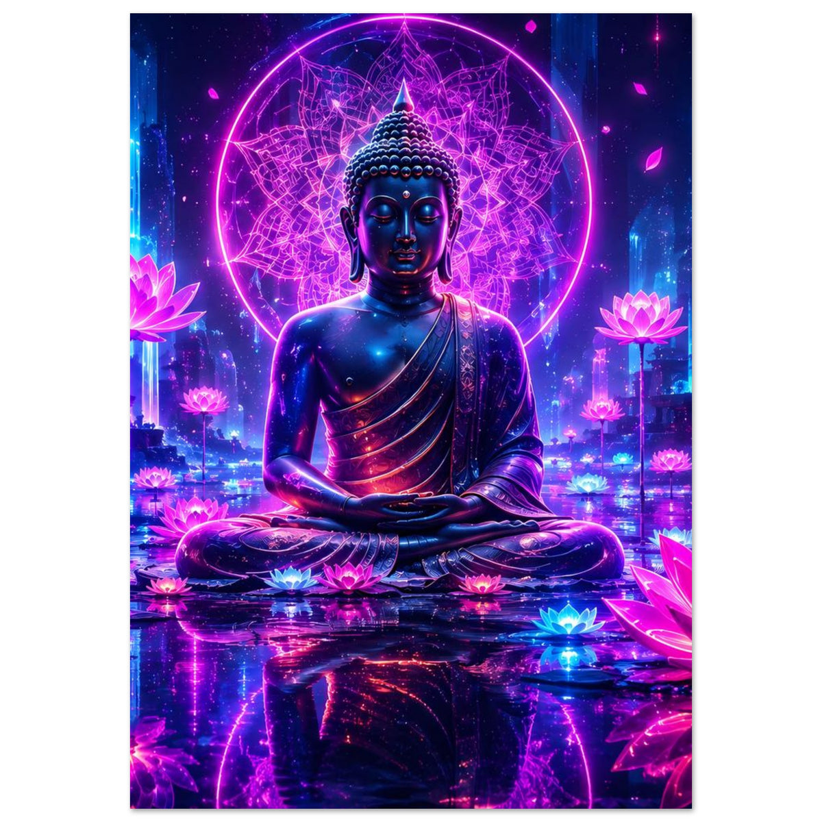 Meditierender Buddha auf Poster mit neonpinkem Kreis, blauem Buddha im Lotussitz, Lotusblüten