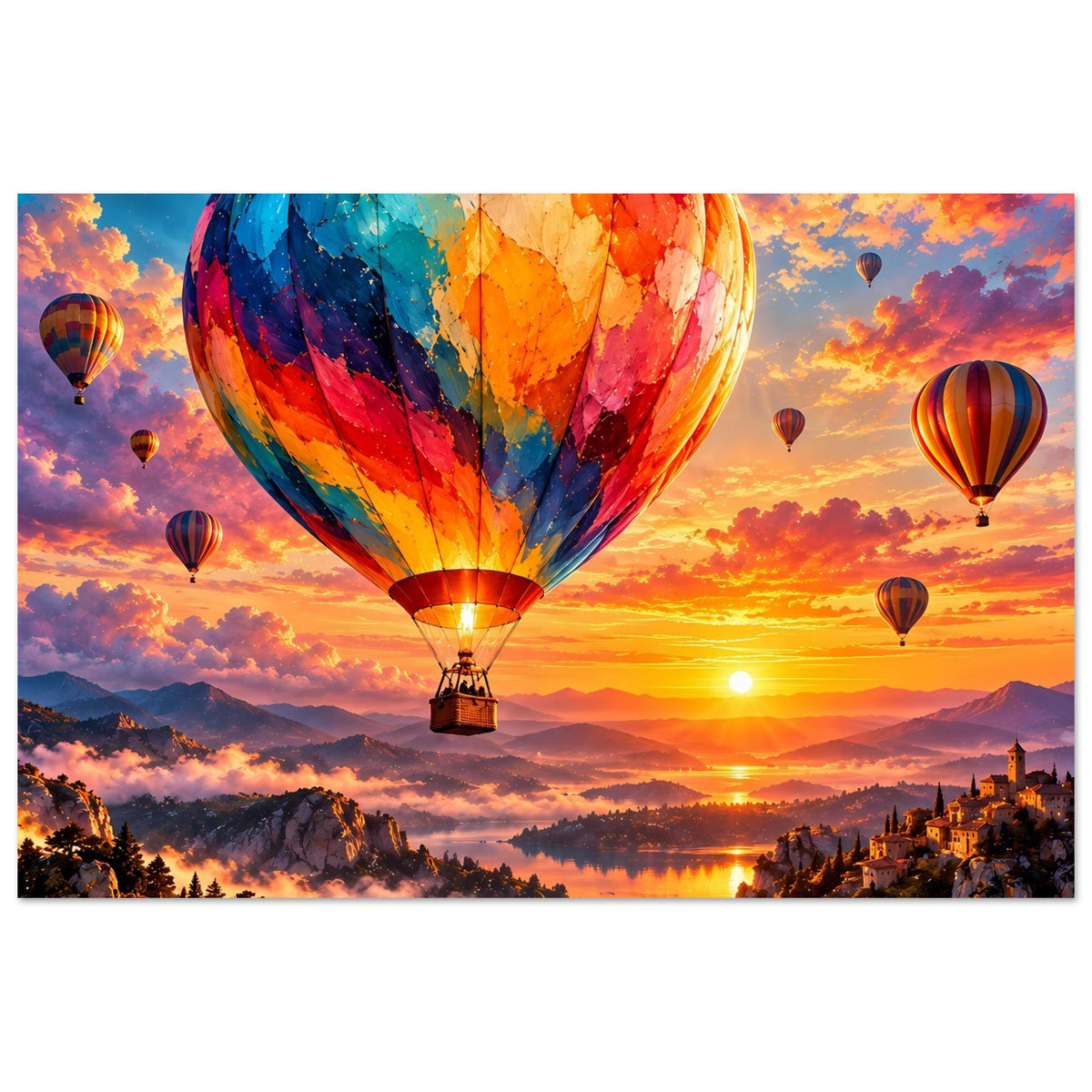 Poster mit Heißluftballons und Sonnenuntergang über Bergdörfern und Wolkenmeer