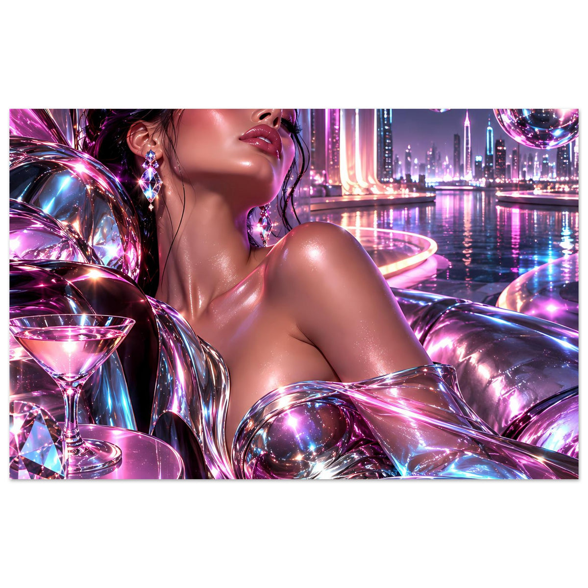 Neonfarbenes Glamour-Poster mit Frau, Spiegelsphären und futuristischer Skyline