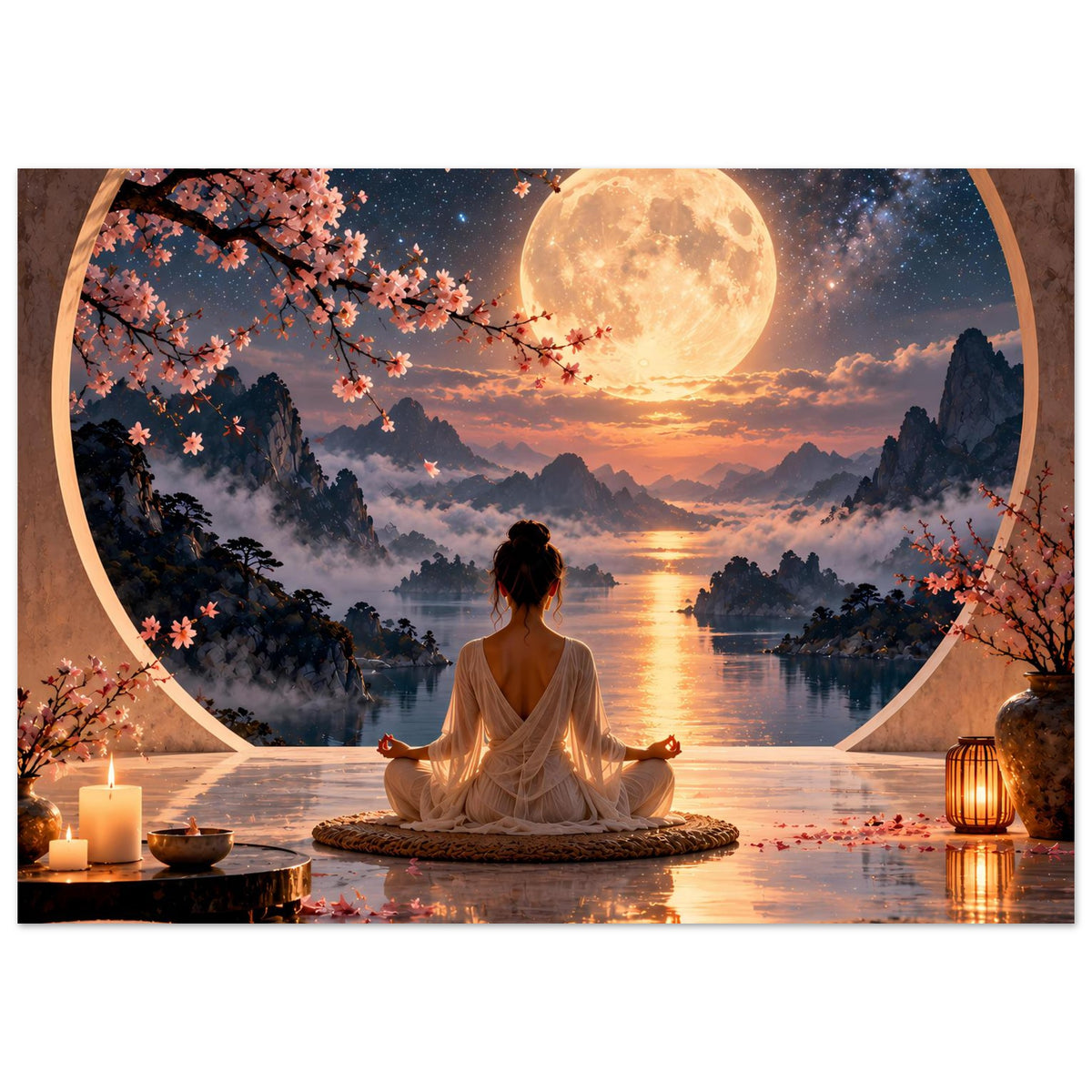 Zen-Meditationsposter mit Meditierender im Bildzentrum, großer Mond über ruhigem Fluss und Bergen