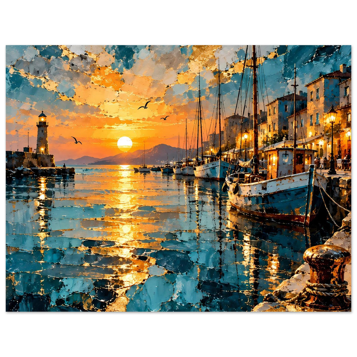 Hafen-Sunset-Poster mit Segelboot rechts, Leuchtturm links und Sonnenuntergang über dem Wasser