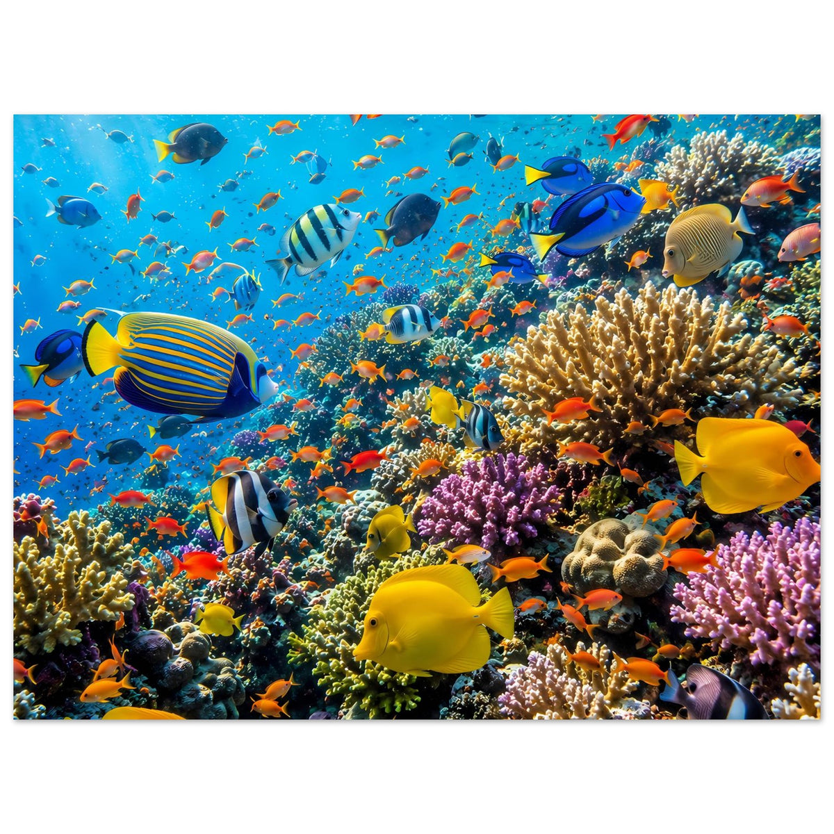 Querformat-Plakat mit Korallenriff, vielen bunten Fischen und Korallen, matt