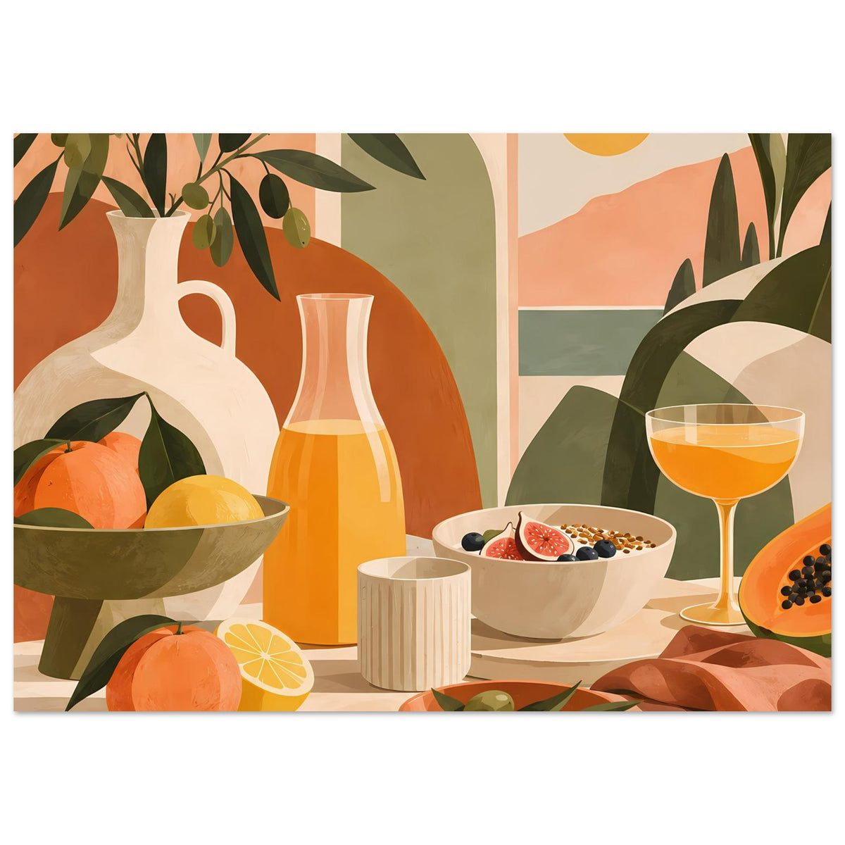 Still-Life-Poster mit Vase, Obstschalen und Glas mit Orangensaft sowie Olivenblättern