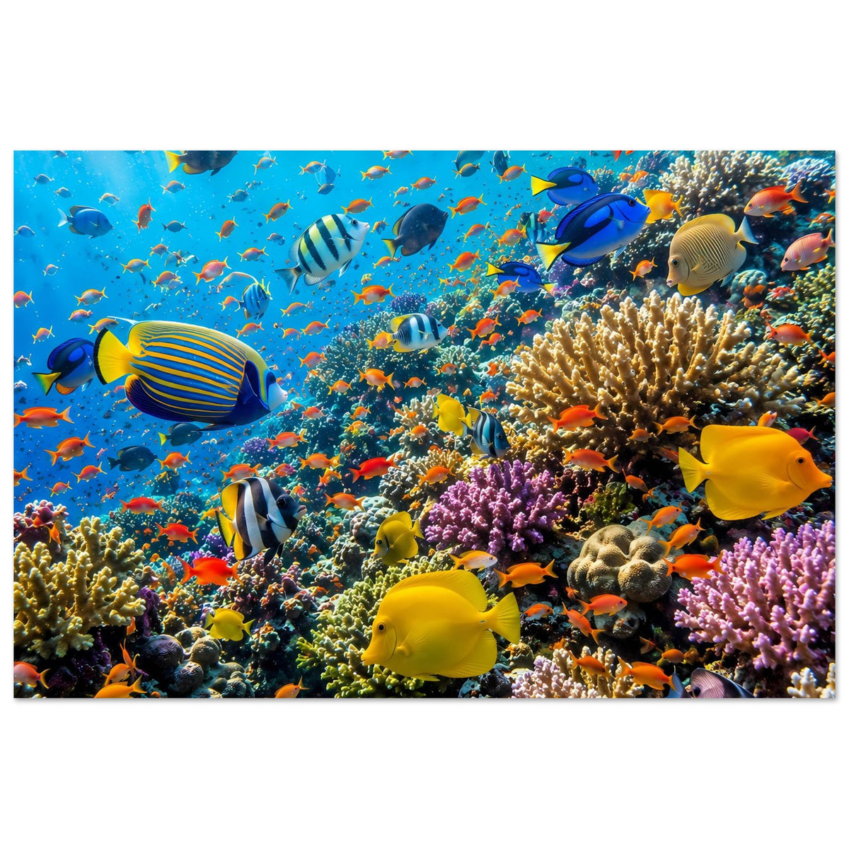 Breites Poster mit Korallenriff und tropischen Fischen, dicht besetzte Farben, Rand sichtbar