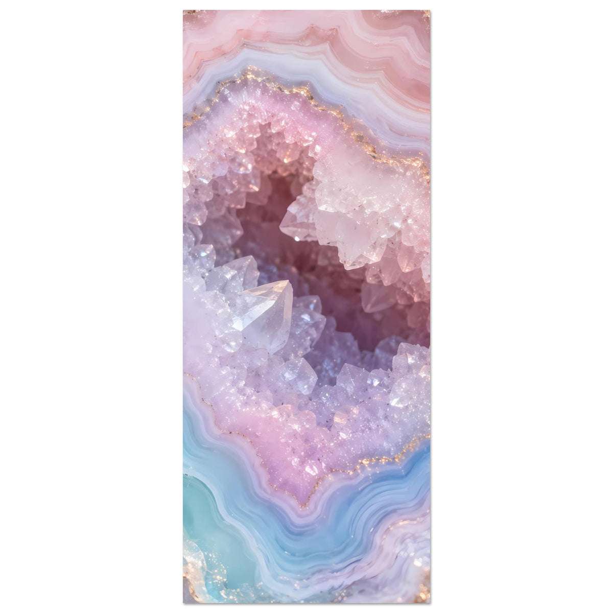 Hochkant-Poster mit Geode-Motiv: lila und rosafarbene Kristalle mit Türkis-Akzenten