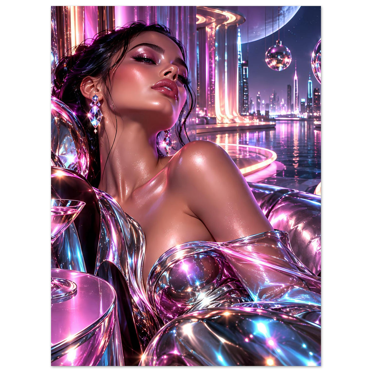 Neon-Glitzerposter mit Frau im Schulterblick, violett-rosa Neon und silberne Kugelreflexe