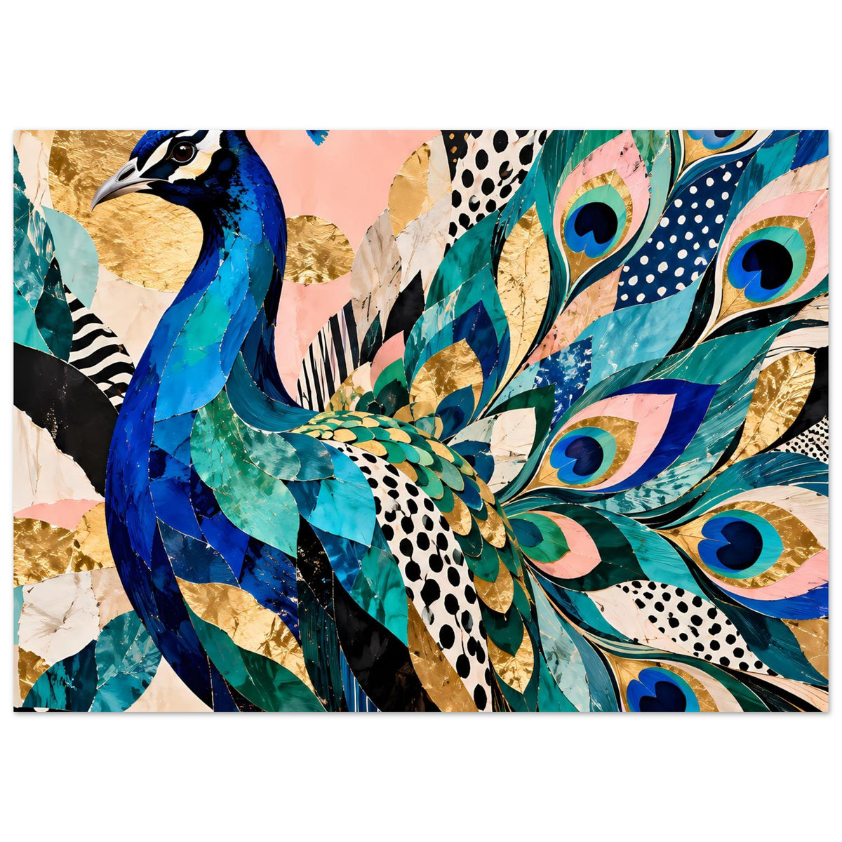 Kunstposter: Pfau im Detail, blaue Federn, Türkisgrün und Gold, mit Pfauenaugen.