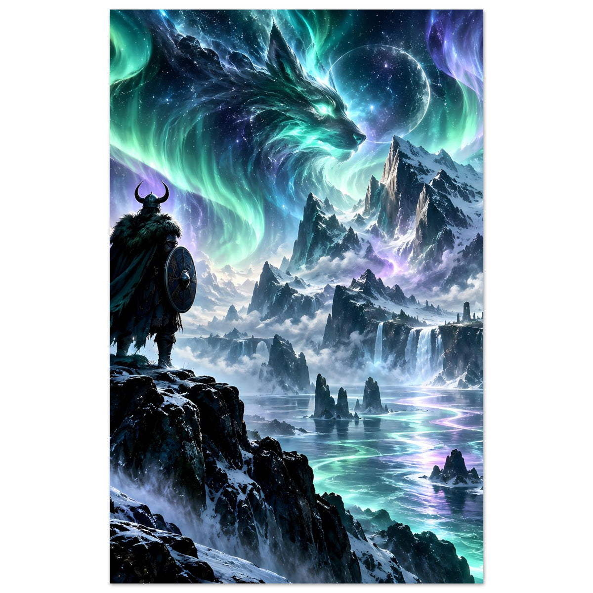 Fantasy-Poster: Krieger links, Drachenkopf über Berglandschaft im Polarlicht