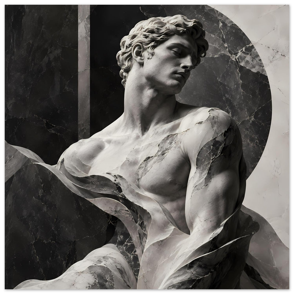 Poster mit schwarz-weißem Motiv einer klassischen Marmorskulptur, Figur mit ausgestrecktem Arm