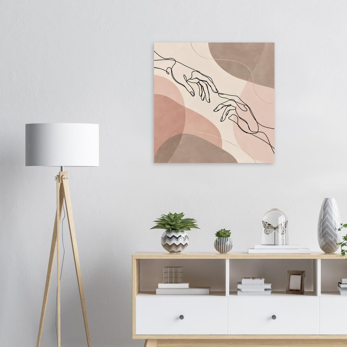 Quadratisches Wandbild mit minimaler Handzeichnung, Linienhände in Erdtönen