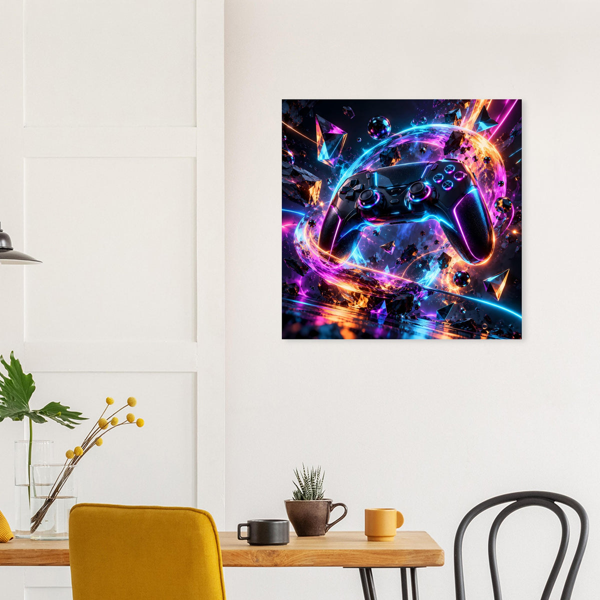 Poster mit Gaming-Controller in Neonfarben, dynamische Formen und Strahlen